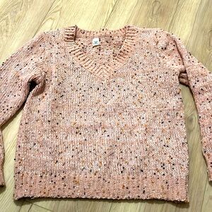 Boutique lite pink sweater with hints of gray, brown and tan.